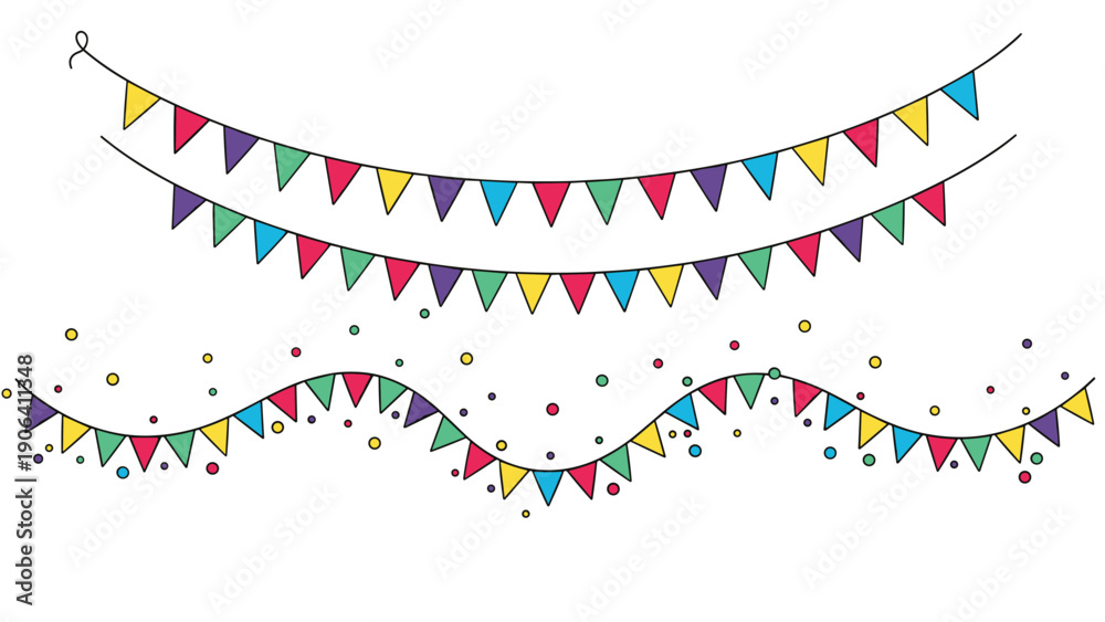 Obraz premium Colorful decorative bunting flags and festive confetti dots on strings for celebration party background elements on white.