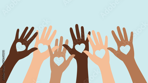 Row of diverse hands with different skin tones raised up and each having a heart-shaped cutout in the palm for a charitable look.