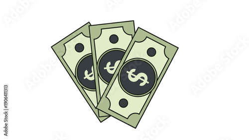Three green dollar bills fanned out on a plain white background representing cash, money, and financial wealth in a simple way.