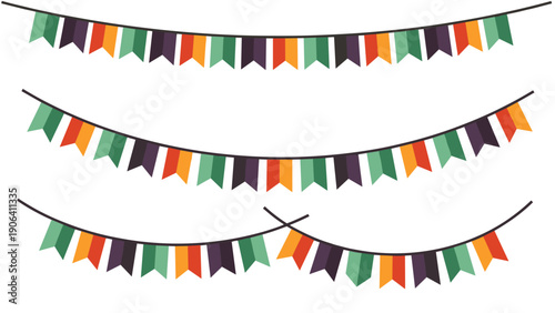 Three rows of multi-colored bunting flags in festive shades like orange, green, and purple for party decorations and events.