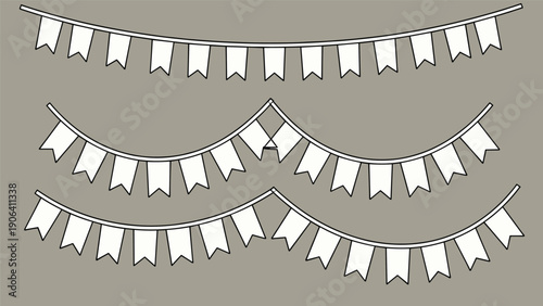 Three rows of white bunting banners hanging in various configurations against a neutral beige background for minimalist decor.