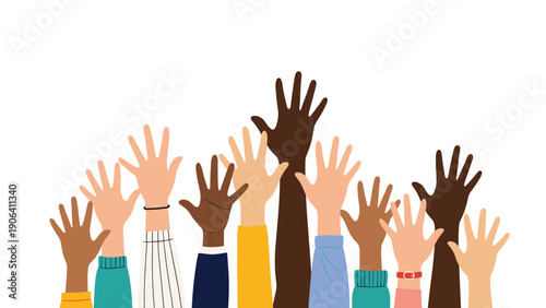 Many diverse hands with various skin tones and shirt sleeves raised up high against a plain white background for unity concepts.