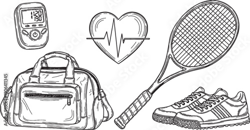 Hand-drawn sketch of various sports and fitness equipment including a tennis racket, sneakers, gym bag, heart monitor, and heartbeat symbol.