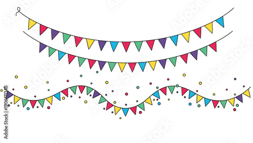 Colorful decorative bunting flags and festive confetti dots on strings for celebration party background elements on white.