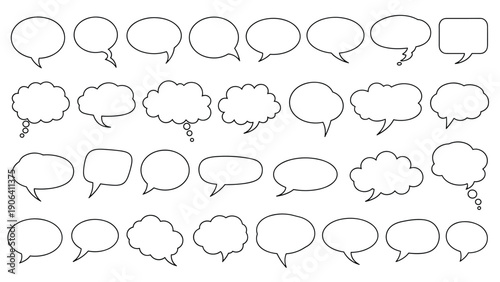 Collection of many different hand drawn speech bubble outlines and thought clouds for comics and communication design.