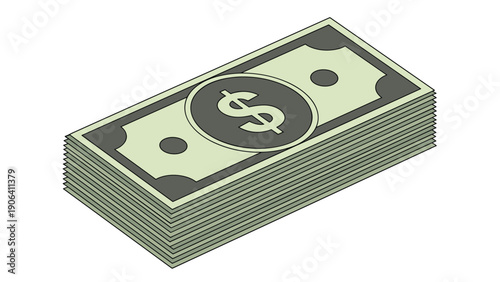 Isometric view of a thick stack of green dollar bills with a dollar sign symbol on top representing wealth and money.