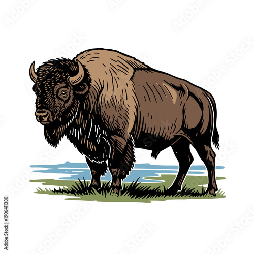 Majestic American Bison Buffalo Mascot Emblem in Vintage Woodcut Engraving Style, Wild West Wilderness Vector Graphic for T-Shirt Print Design