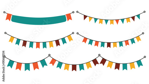 Set of six rows of colorful rectangular bunting flags in various earth tones for festive celebration banners.