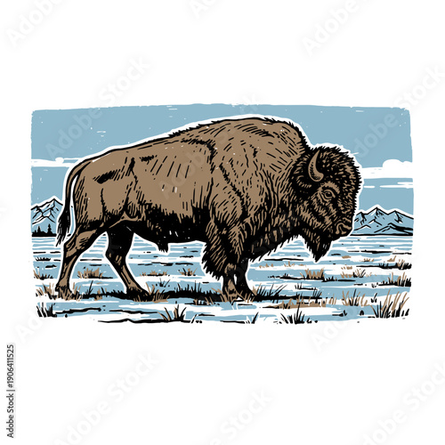 Vintage Bison Buffalo Woodcut Illustration Vector Art for T-Shirt Print Design, American Wildlife Icon, Extreme Winter Landscape Poster Graphic
