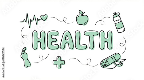 Playful Hand-Drawn Health Word Surrounded by Light Green Wellness Icons