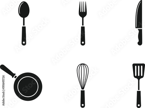 Black kitchen utensils icons including spoon, fork, knife, pan, whisk, and spatula