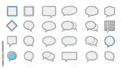 Large collection of diverse speech bubbles and thought balloons in various geometric shapes with light gray and blue accents.