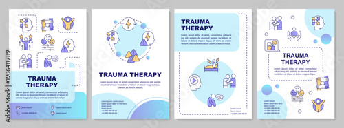 Trauma therapy blue gradient brochure layout. Physical wellbeing, ptsd disorder. Leaflet advertising design with color line icons. Editable 4 pages. Arial-Bold, Myriad Pro-Regular fonts used