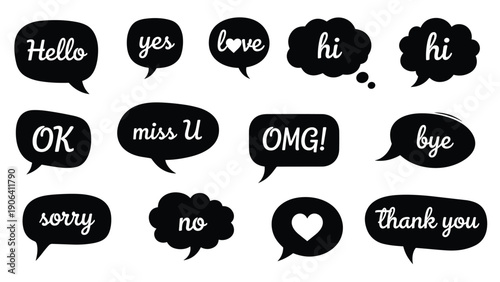 Set of black hand drawn speech bubbles featuring common greetings and emotional expressions like hello love miss you and thank you.