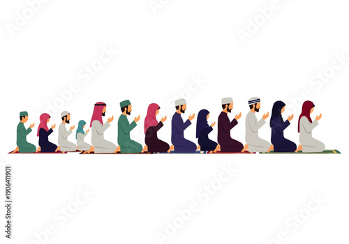 Vector flat design illustration of a diverse group of people in traditional attire praying in a row on colorful mats against a white background.