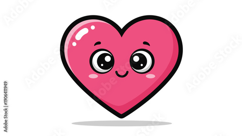 Adorable pink heart character with large expressive eyes and a happy smile designed in a cute cartoon style on a white background.