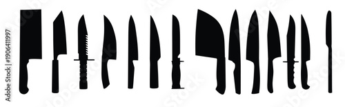 Knife black icon. Big set of silhouettes of various knife on a white background