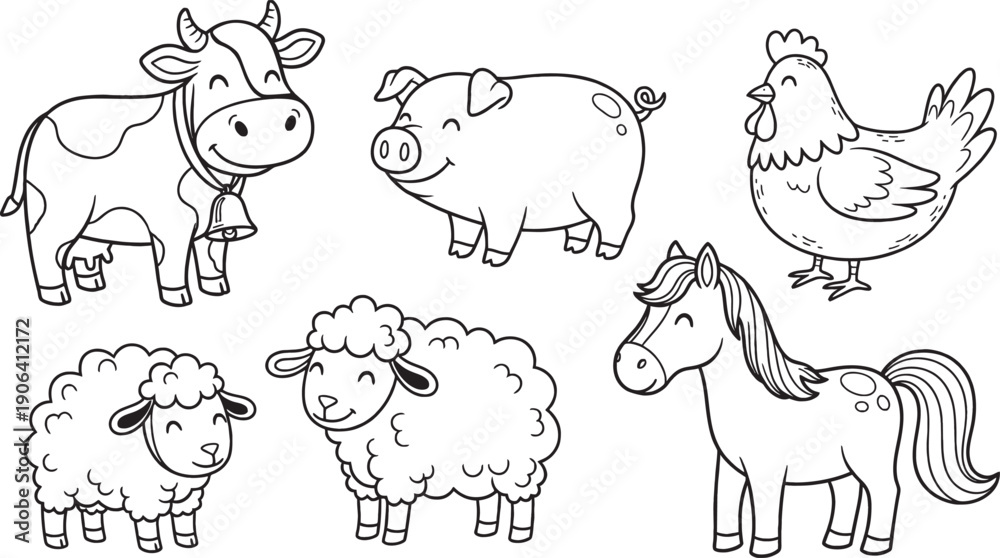 Obraz premium Black and white outline drawings of various happy farm animals including a cow, pig, chicken, two sheep, and a horse, perfect for coloring books.