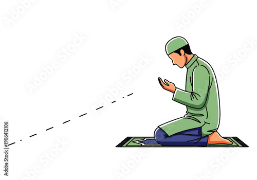 Vector flat design illustration of a man in green attire praying on a mat while holding a phone.