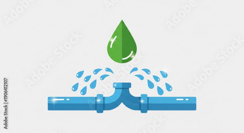 Leaking blue pipe with green water droplet and splashes on a clean white background representing water supply and leakage concept