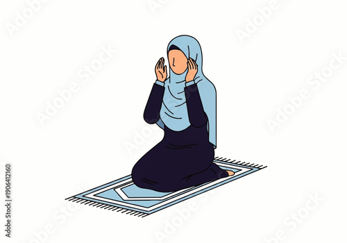 Vector flat design illustration of a woman wearing a hijab kneeling on a prayer mat with her hands raised in a serene and peaceful atmosphere against a clean white background.