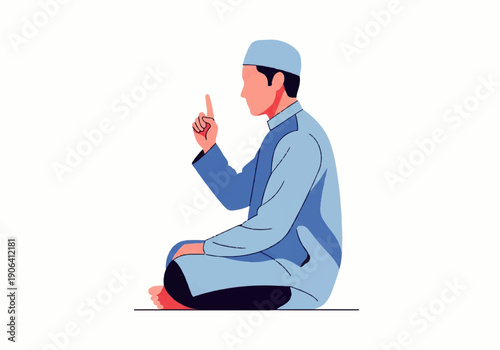 Vector flat design illustration of a man in a blue outfit and cap sitting cross-legged on the floor with his index finger raised in a gesture of prayer or explanation against a plain white