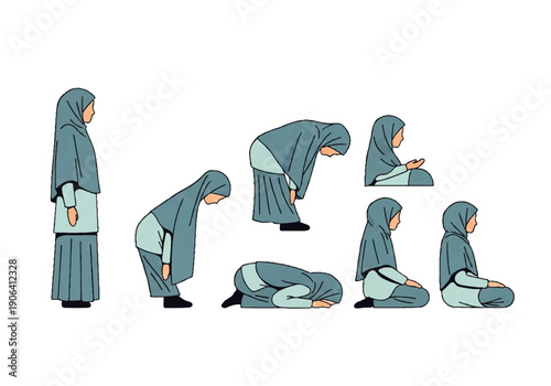 Vector flat design illustration of a woman in a hijab performing various Islamic prayer positions on a white background.
