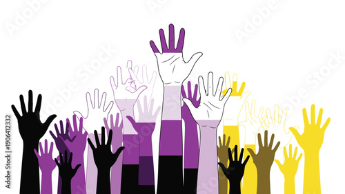 Group of raised hands featuring the pride colors of the asexual and non binary flags as a symbol of diversity and community support.