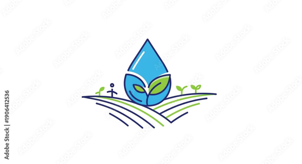 Fototapeta premium Eco friendly water droplet logo with green leaves and sprouts on rolling hills symbolizing sustainability and environmental conservation