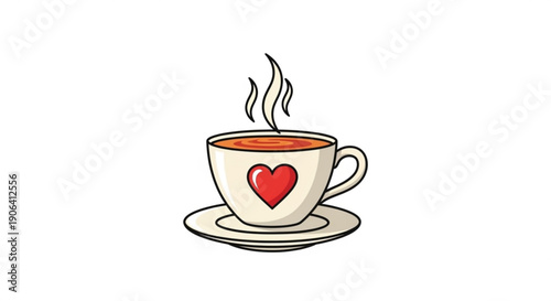 Steaming cup of coffee or tea with heart design on a saucer symbolizing love and warmth in a cozy setting