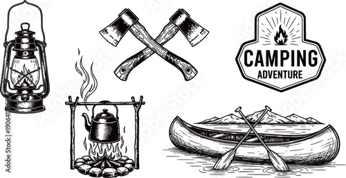 Detailed description of camping and outdoor adventure elements in vintage style.