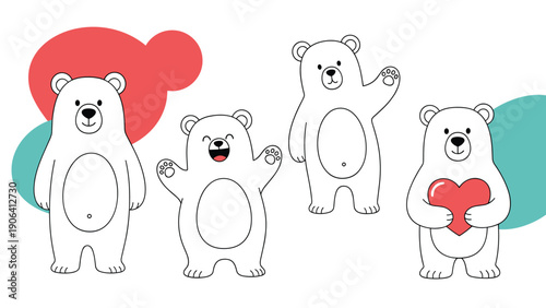 Four cute white polar bear illustrations in different friendly poses including waving and holding a heart for whimsical nursery art.
