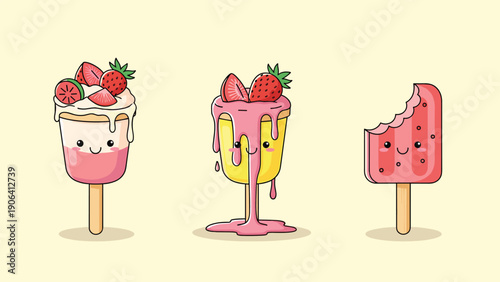 Three adorable kawaii-style popsicle treats with happy faces and strawberry toppings on a pale yellow background for summer fun.
