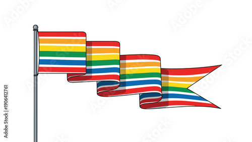 Long waving rainbow-colored striped flag on a pole signifies diversity, inclusion, and the pride movement for human rights and equality.
