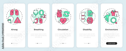 Primary health survey onboarding mobile app screen. Patient examination. Walkthrough 5 steps editable graphic instructions with linear concepts. UI, UX, GUI. Montserrat SemiBold, Regular fonts used