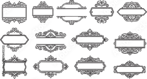 A collection of ornate vintage decorative frames and labels with intricate scrollwork designs.