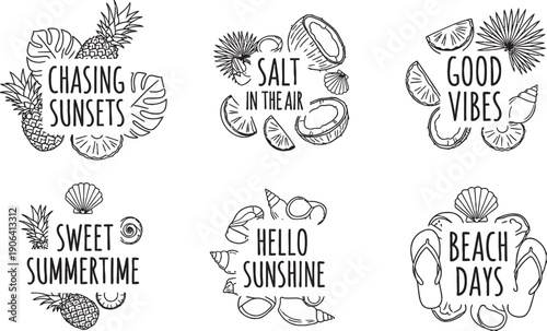 Six black and white line art illustrations with summer and beach themed phrases and tropical elements.