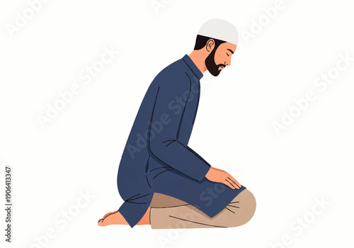 Vector flat design illustration of a man in a white cap, blue tunic, and beige pants kneeling in prayer on a plain white background.