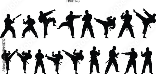 Vector Illustration Set of Martial Arts Karate Silhouettes in Action Fighting Poses for Sports Training Self Defense Fitness and Professional Athletic Graphic Design Projects