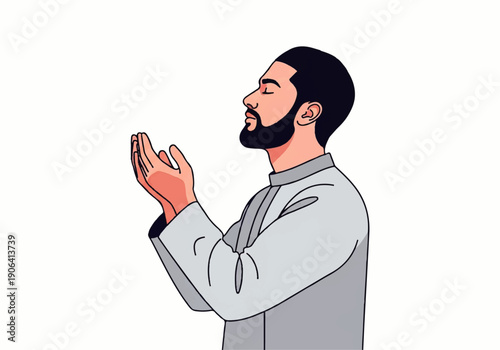 Vector flat design illustration of a man with hands raised in prayer, wearing a gray robe, against a clean white background with a calm and serene mood.