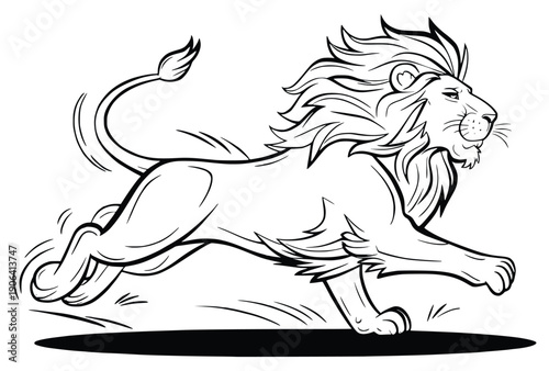 Majestic Lion in Action: A dynamic illustration captures the essence of strength and power, showcasing a regal lion mid-stride, exuding confidence and untamed spirit.