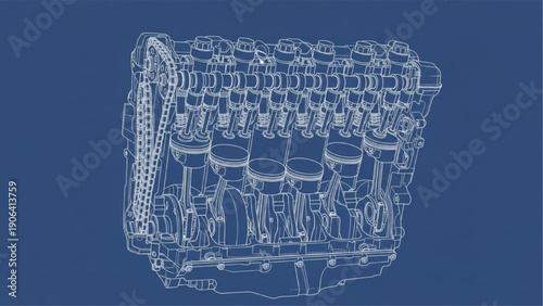 Inline 6 Cylinder Engine Cutaway Blueprint Engineering Technical Drawing