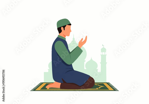Vector flat design illustration of a man praying in a kneeling position on a prayer mat with a mosque silhouette in the background.