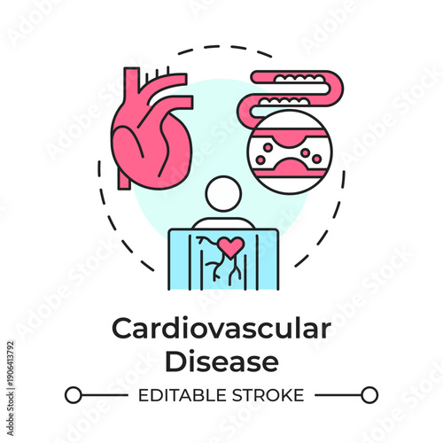 Cardiovascular disease multi color concept icon. Arterial health, blood stream. Heart damage. Round shape line illustration. Abstract idea. Graphic design. Easy to use in presentation, booklet