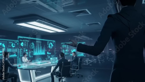 Futuristic Control Room with Team Monitoring.