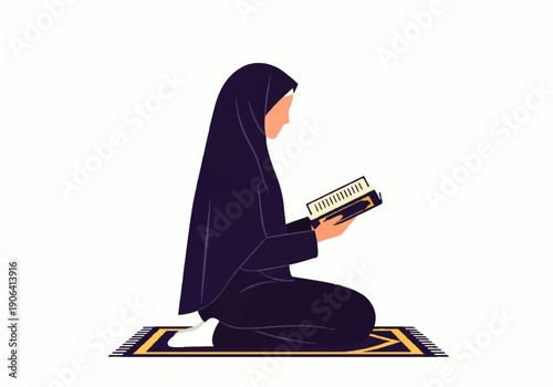 Vector flat design illustration of a woman in hijab sitting on a prayer mat reading a book in a simple, dark color scheme.