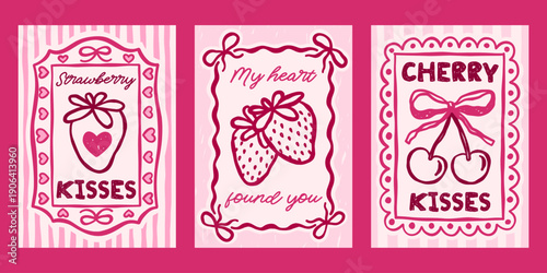 Whimsical Valentines day vector cards set. Vintage retro love print designs with strawberries, cherries, bows, hearts illustration, romantic quotes in coquette frames