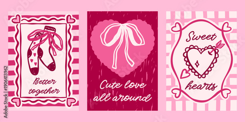 Whimsical Valentines day vector cards set. Vintage retro love print designs with socks, bows, hearts illustration, romantic quotes in coquette frames