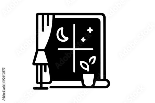 Night window view with crescent moon, stars, lamp, and houseplant on the sill