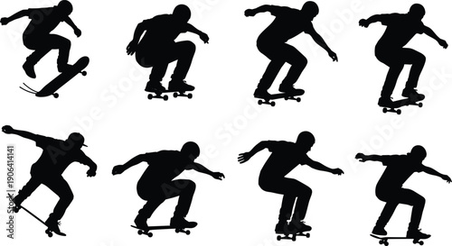 Vector Illustration Set of Skateboarder Silhouettes Performing Action Tricks for Urban Sports Lifestyle Youth Culture Extreme Hobby and Professional Athletic Graphic Designs